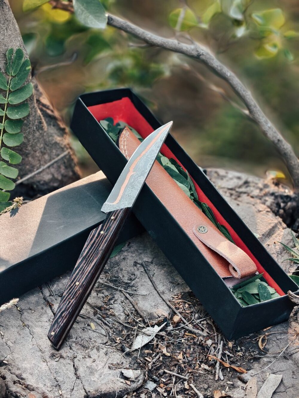 Handmade Damascus Chef Knife Wood Handle Leather Sheath Fixed Blade